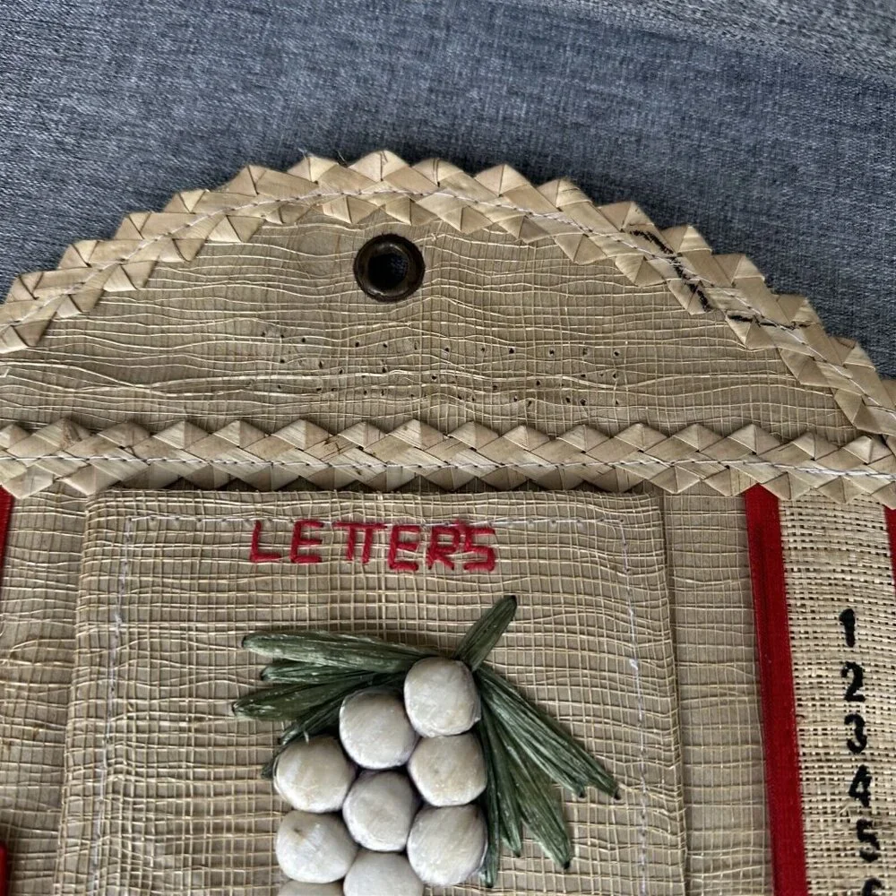 Vintage Wall Pocket Letter Organizer Holder Woven Straw Raffia Calendar